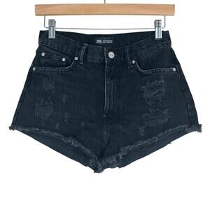 Zara Jean Cutoff Shorts Womens XS Black Denim Distressed High Rise Grunge Punk